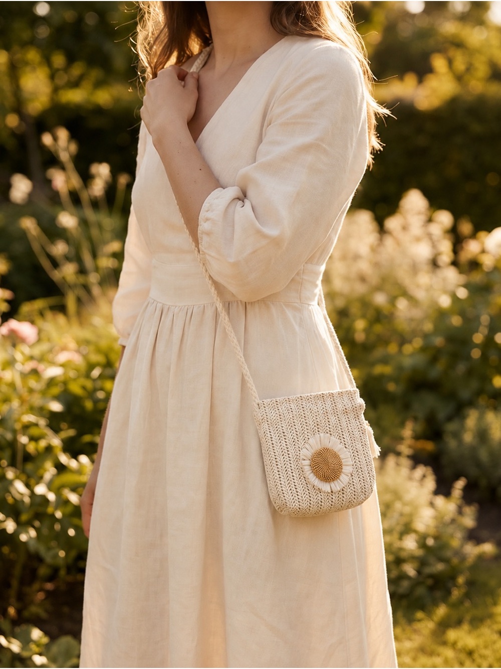 Boho Daisy Straw Crossbody Bag • Woven Cottagecore Summer Boutique Purse